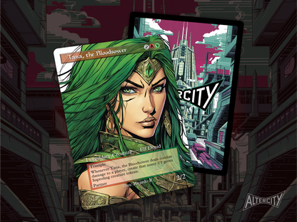 High-quality Magic proxy of Tana, the Bloodsower featuring dynamic altered artwork and token generation.