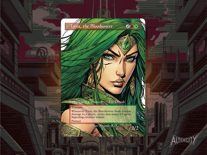 Custom Tana, the Bloodsower MTG proxy with vibrant full-art design creating Saproling tokens on combat damage.