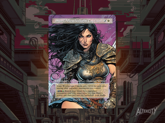 Custom Sisay, Weatherlight Captain MTG proxy with heroic full-art design and legendary tutor effect.