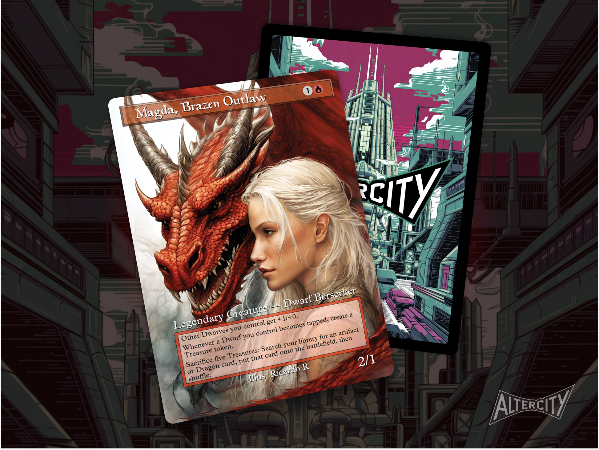 High-resolution Magic proxy of Magda, Brazen Outlaw for treasure and dragon EDH decks.