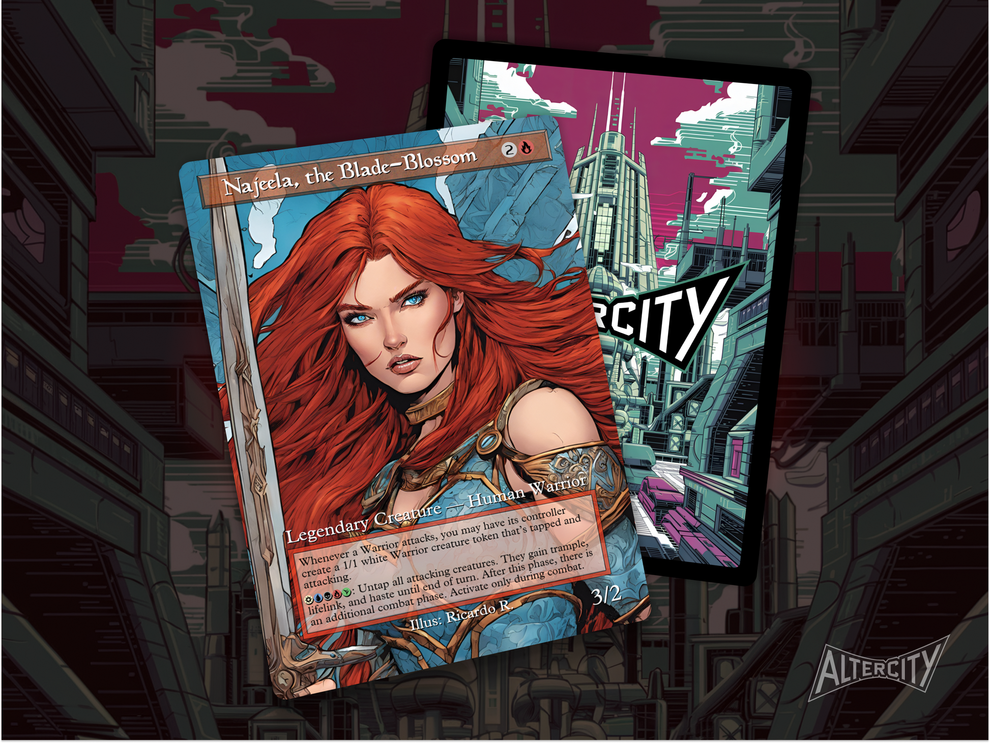 High-resolution Magic proxy of Najeela, the Blade-Blossom for aggressive EDH decks.