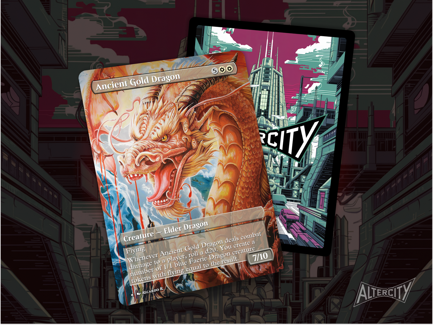 Premium proxy of Ancient Gold Dragon featuring divine altered artwork and white token synergy.