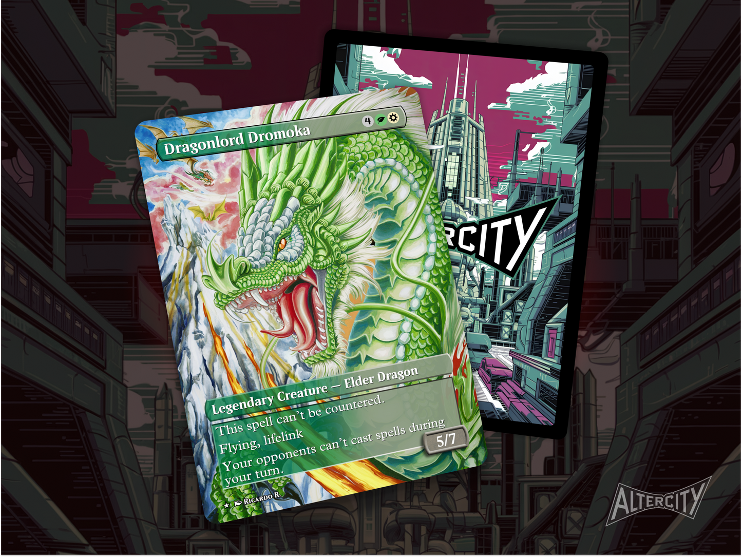 Custom Dragonlord Dromoka Magic proxy with majestic full-art design for EDH play.