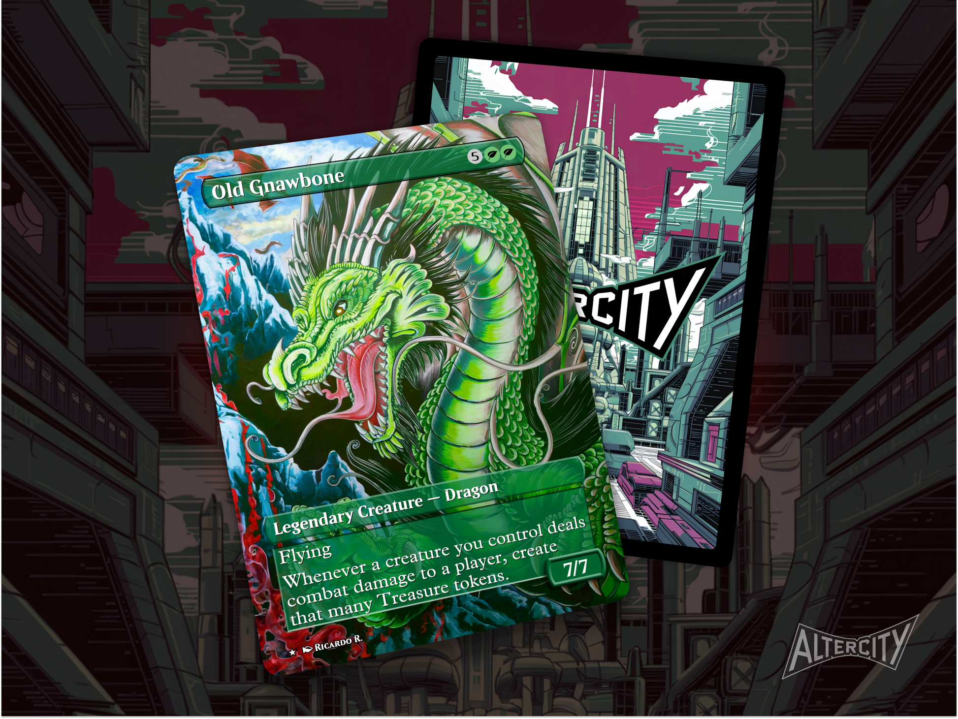 Premium MTG proxy of Old Gnawbone featuring treasure-themed altered artwork for casual play.
