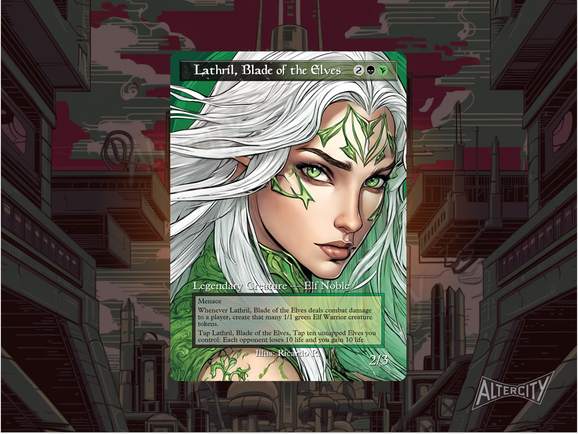 Custom Lathril MTG proxy with fierce, nature-themed altered artwork.
