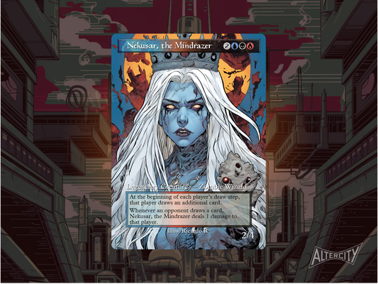 Custom Nekusar MTG proxy with dark, chaotic altered artwork.