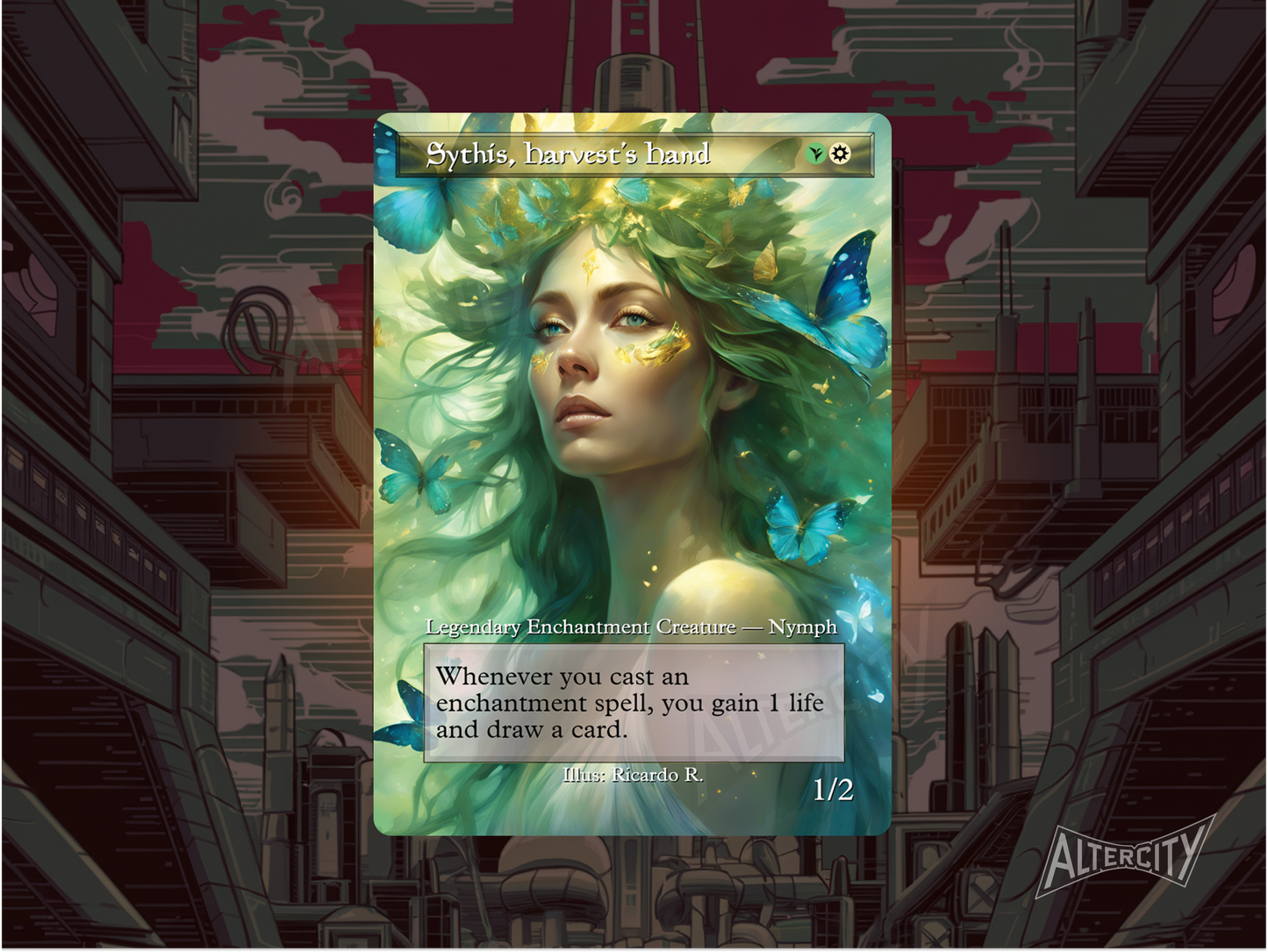 Custom Sythis MTG proxy with glowing, nature-themed altered art.