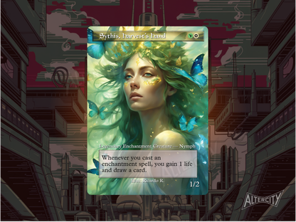 Custom Sythis MTG proxy with glowing, nature-themed altered art.