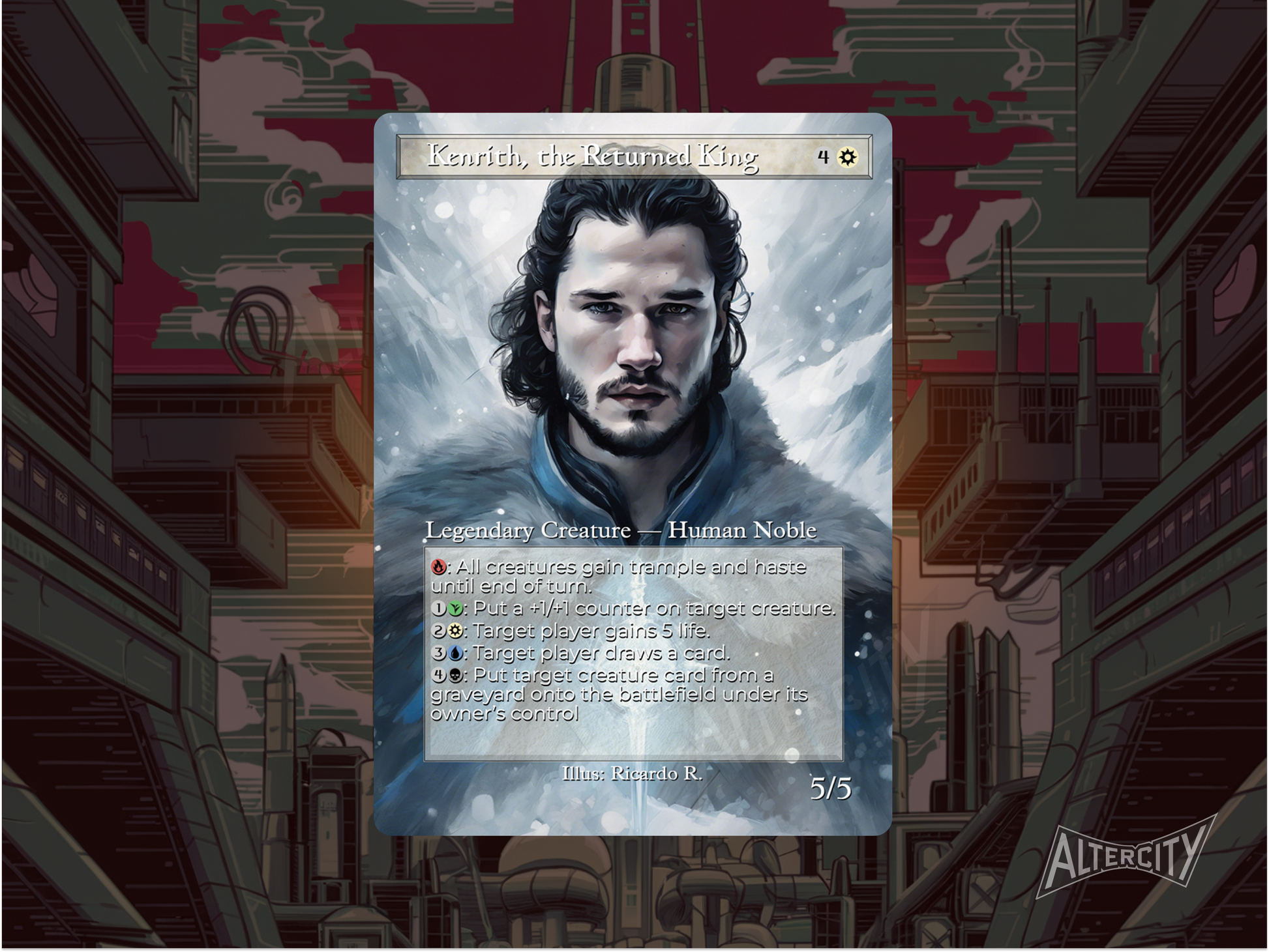 Custom Kenrith MTG proxy with Jon Snow-themed art and a noble fantasy aesthetic.