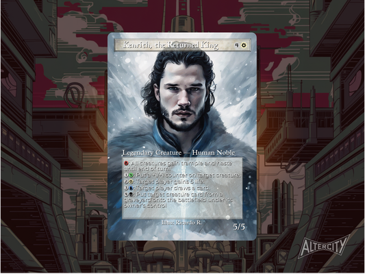 Custom Kenrith MTG proxy with Jon Snow-themed art and a noble fantasy aesthetic.