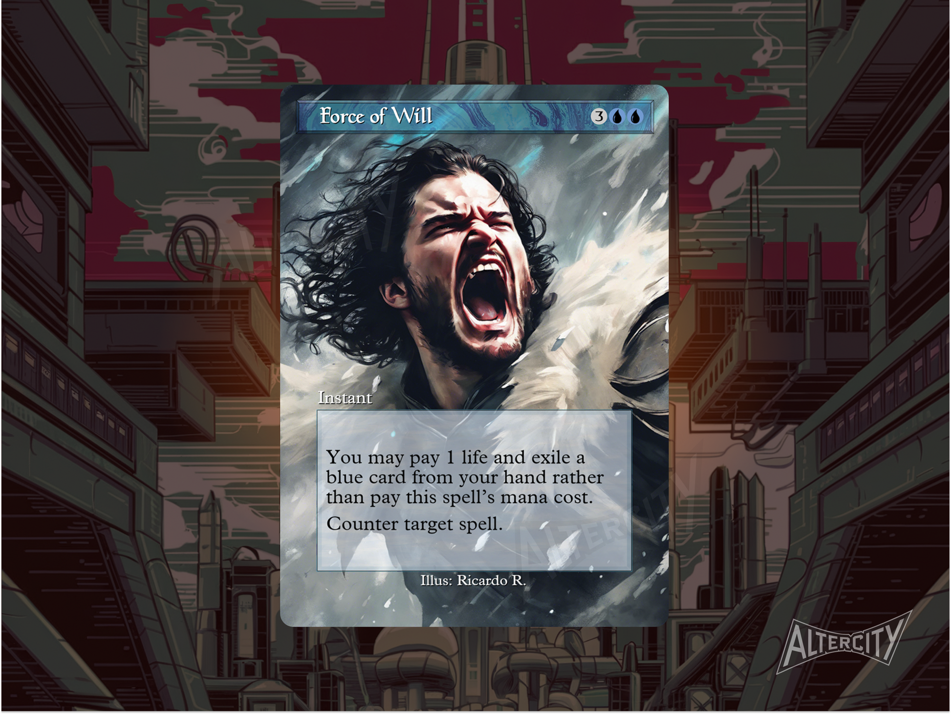 Custom Force of Will MTG proxy with Jon Snow-inspired altered fantasy artwork.