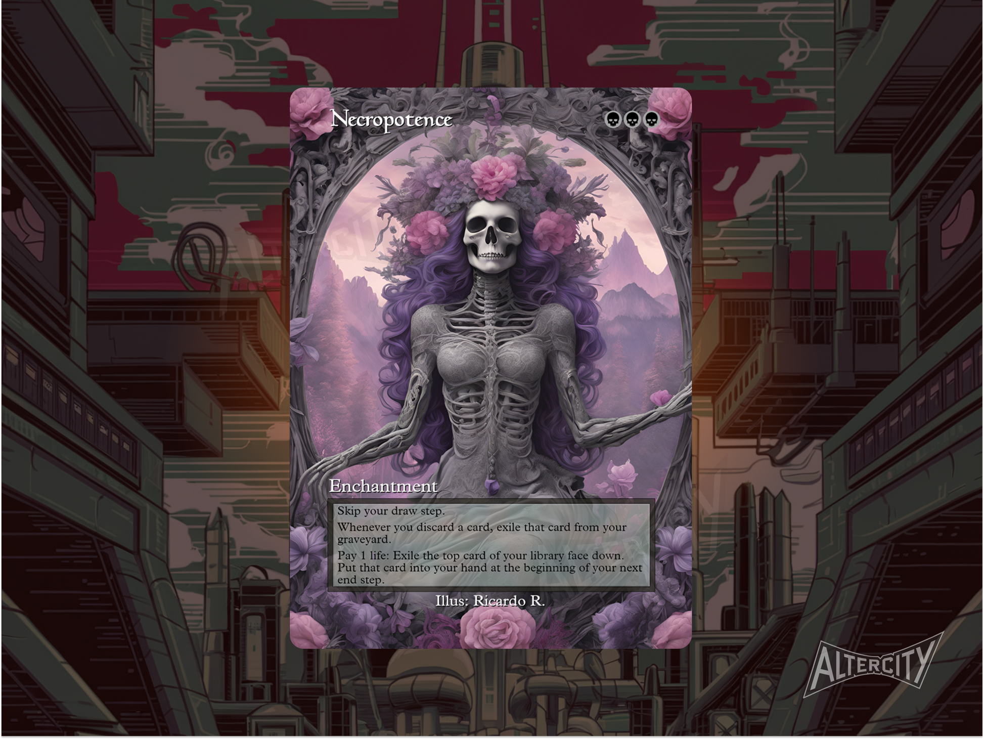 Custom Necropotence MTG proxy with eerie, skull-themed altered artwork.
