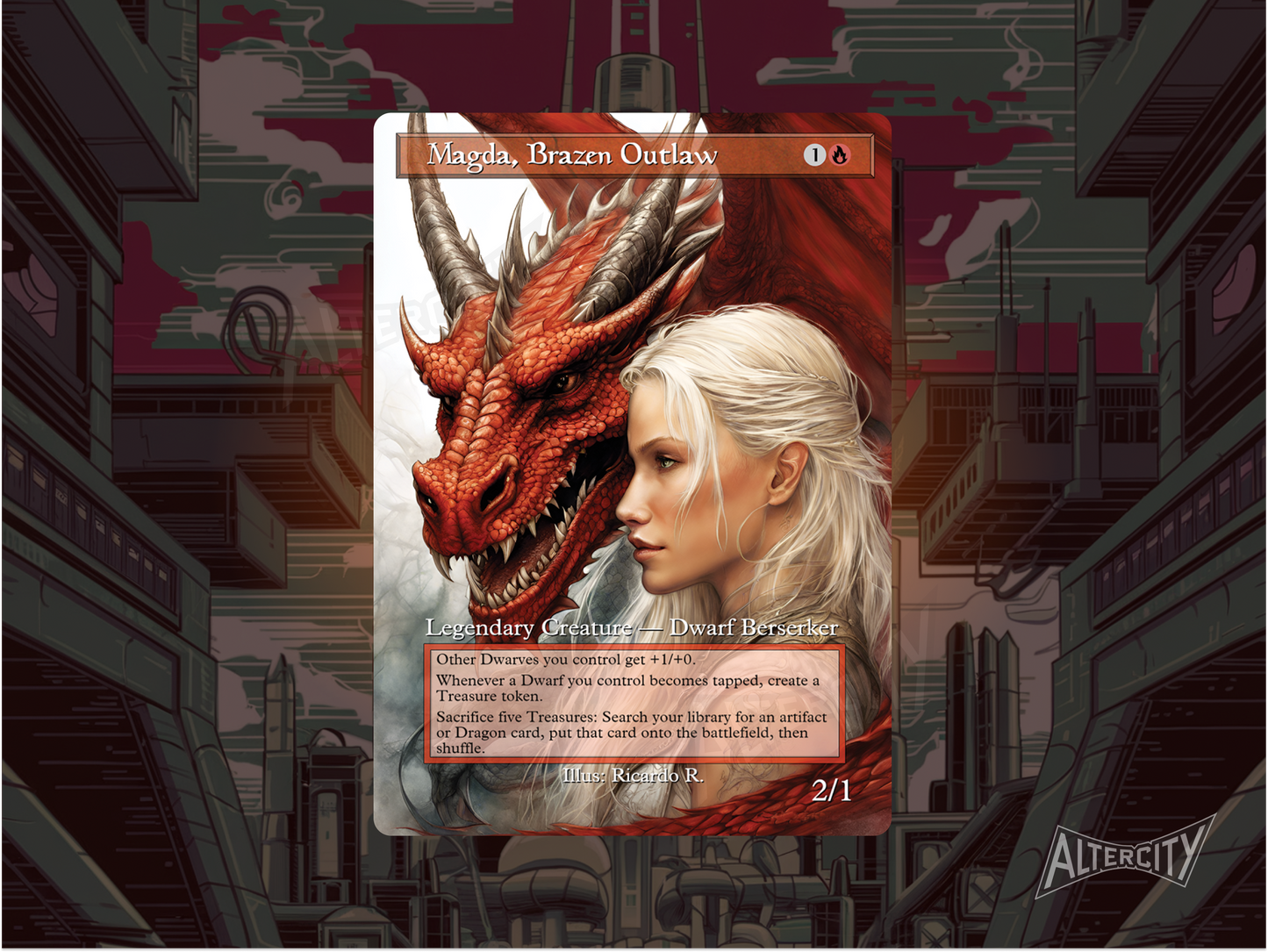Custom Magda MTG proxy with fiery, treasure-laden altered artwork.