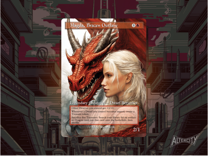 Custom Magda MTG proxy with fiery, treasure-laden altered artwork.