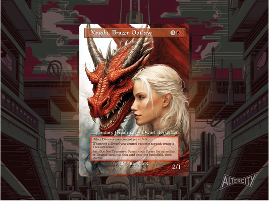 Custom Magda MTG proxy with fiery, treasure-laden altered artwork.