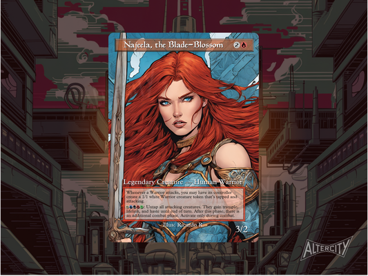 Custom Najeela MTG proxy with warrior-themed altered art and dynamic action.