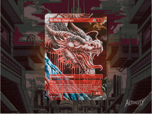 Custom Hellkite Courser Magic proxy card with fiery full-art design for Commander decks.
