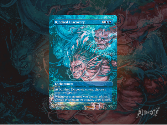 Alternate art Kindred Discovery Magic proxy featuring vivid custom illustration for tribal decks.