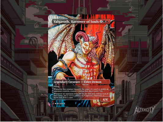 Custom Valgavoth MTG proxy with dark, soul-harvesting altered artwork.