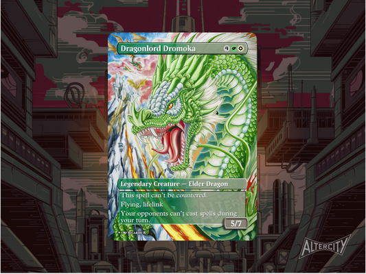 Custom Dragonlord Dromoka Magic proxy with majestic full-art design for EDH play.