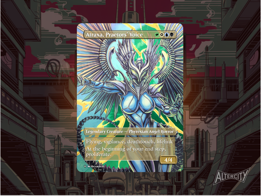 Custom Atraxa, Praetors' Voice MTG proxy with celestial, counter-themed altered artwork.