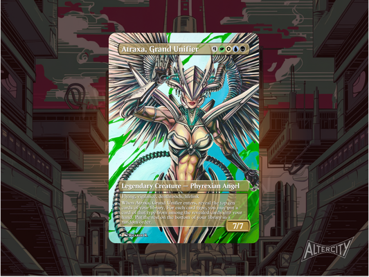 Custom Atraxa, Grand Unifier MTG proxy with radiant altered art and multicolor design.