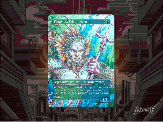 Custom Thrasios MTG proxy with oceanic, mythic altered artwork.