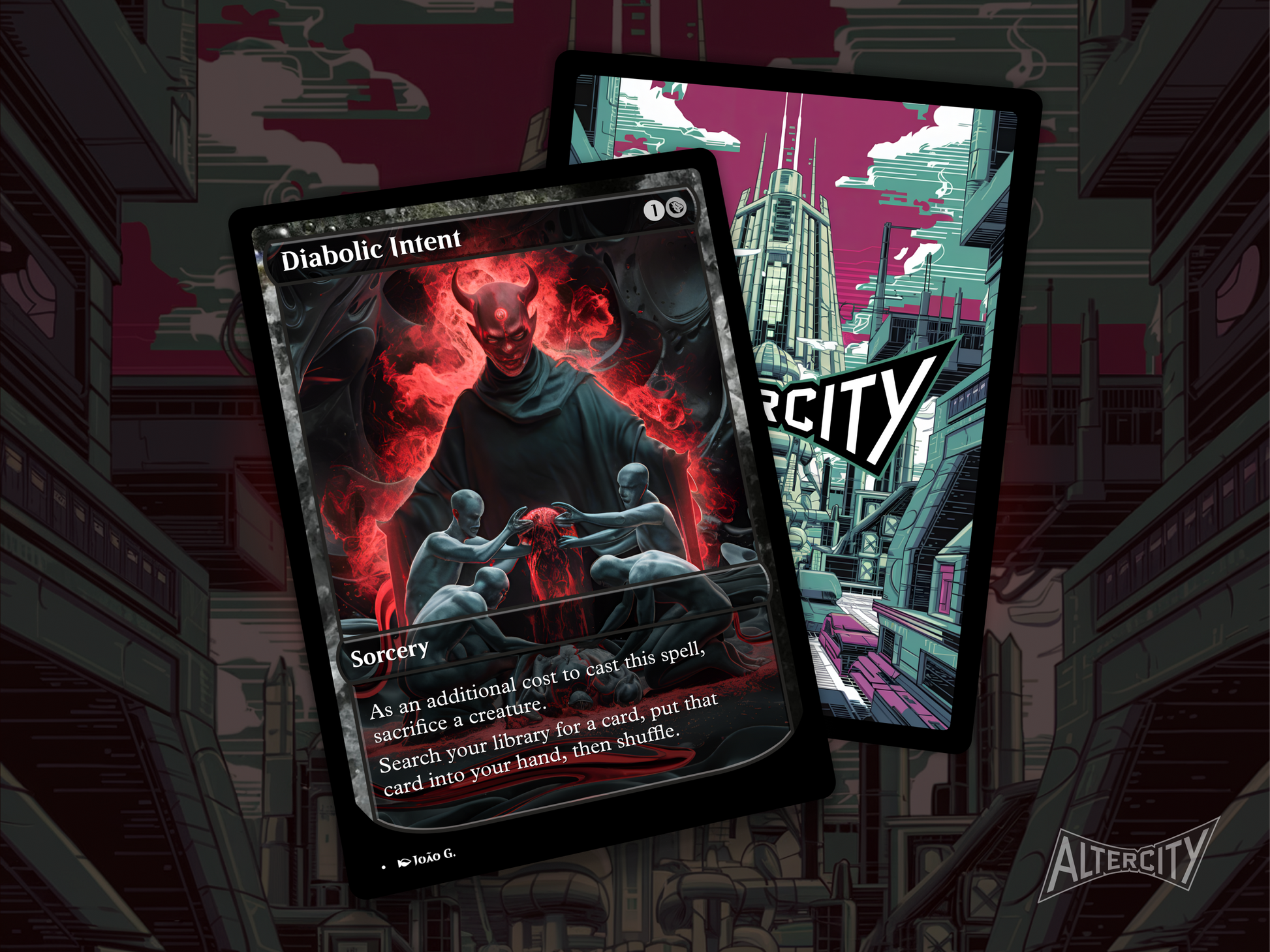 High-quality Magic proxy featuring diabolical altered artwork and a mysterious aura.