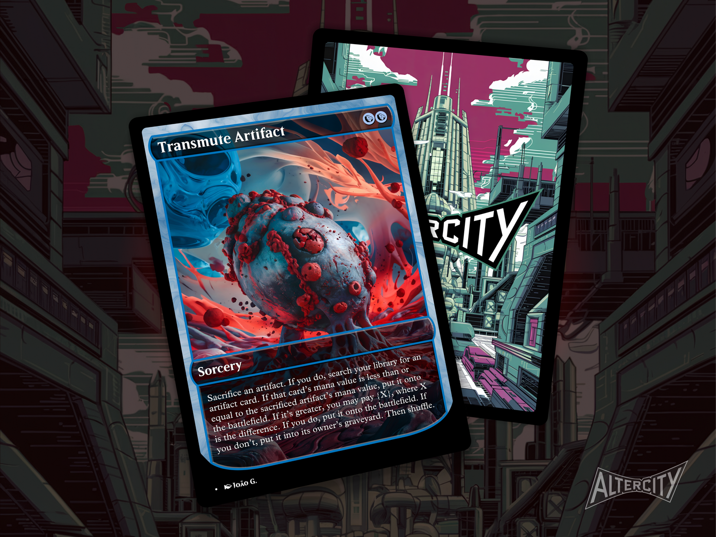 High-quality Magic proxy of Transmute Artifact featuring futuristic altered artwork and deck tuning effect.