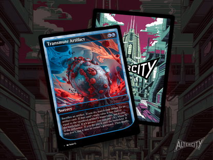 High-quality Magic proxy of Transmute Artifact featuring futuristic altered artwork and deck tuning effect.