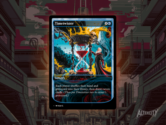 Custom Timetwister MTG proxy with vibrant retro full-art design for game reset effect.