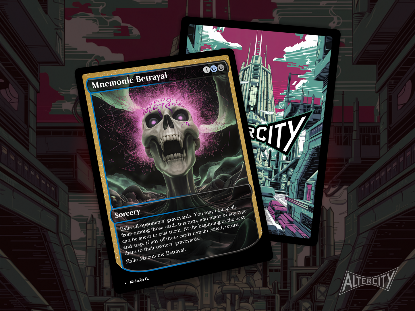 High-quality Magic proxy of Mnemonic Betrayal featuring eerie altered artwork and creature control.