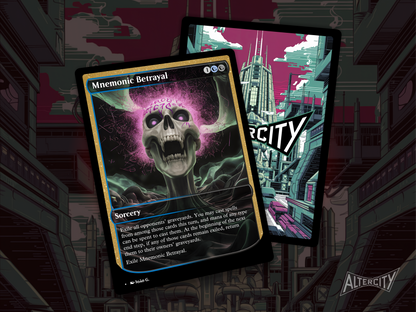 High-quality Magic proxy of Mnemonic Betrayal featuring eerie altered artwork and creature control.
