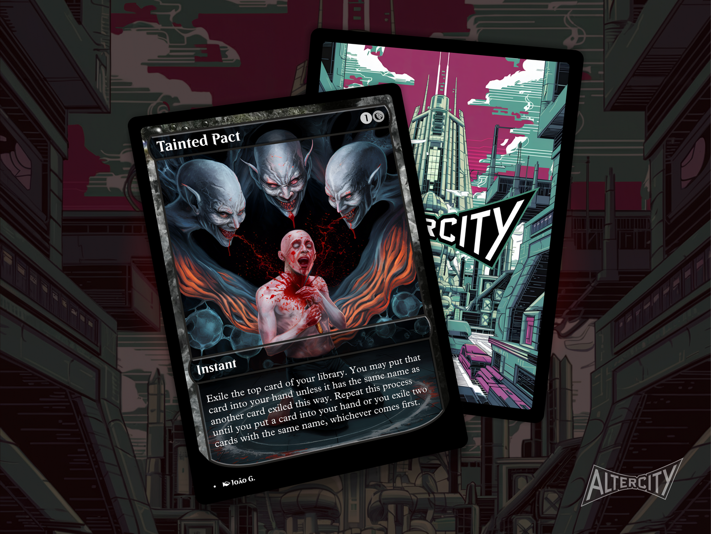 Premium Magic proxy of Tainted Pact featuring dark altered artwork and powerful card selection.