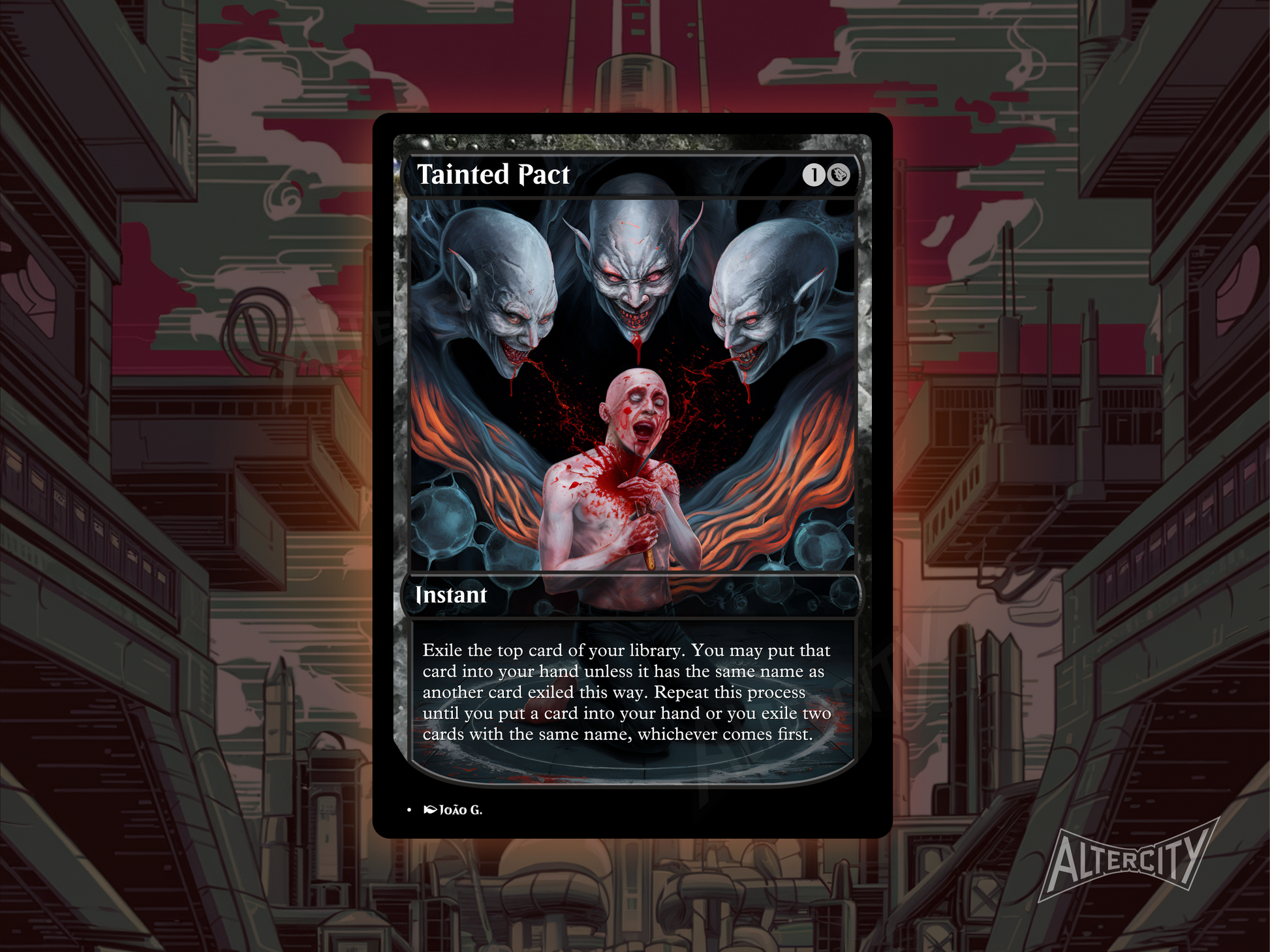 Custom Tainted Pact MTG proxy with corrupted full-art design for black tutor effects.