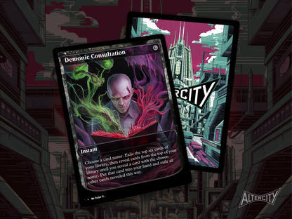 Premium Magic proxy of Demonic Consultation featuring dark altered artwork and exile tutor effect.