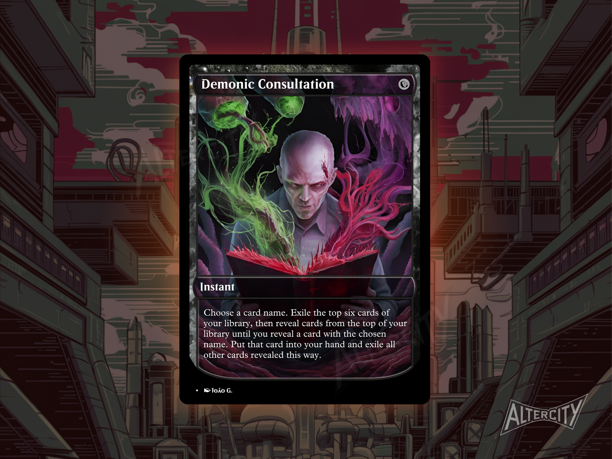 Custom Demonic Consultation MTG proxy with shadowy full-art design for powerful library searching.