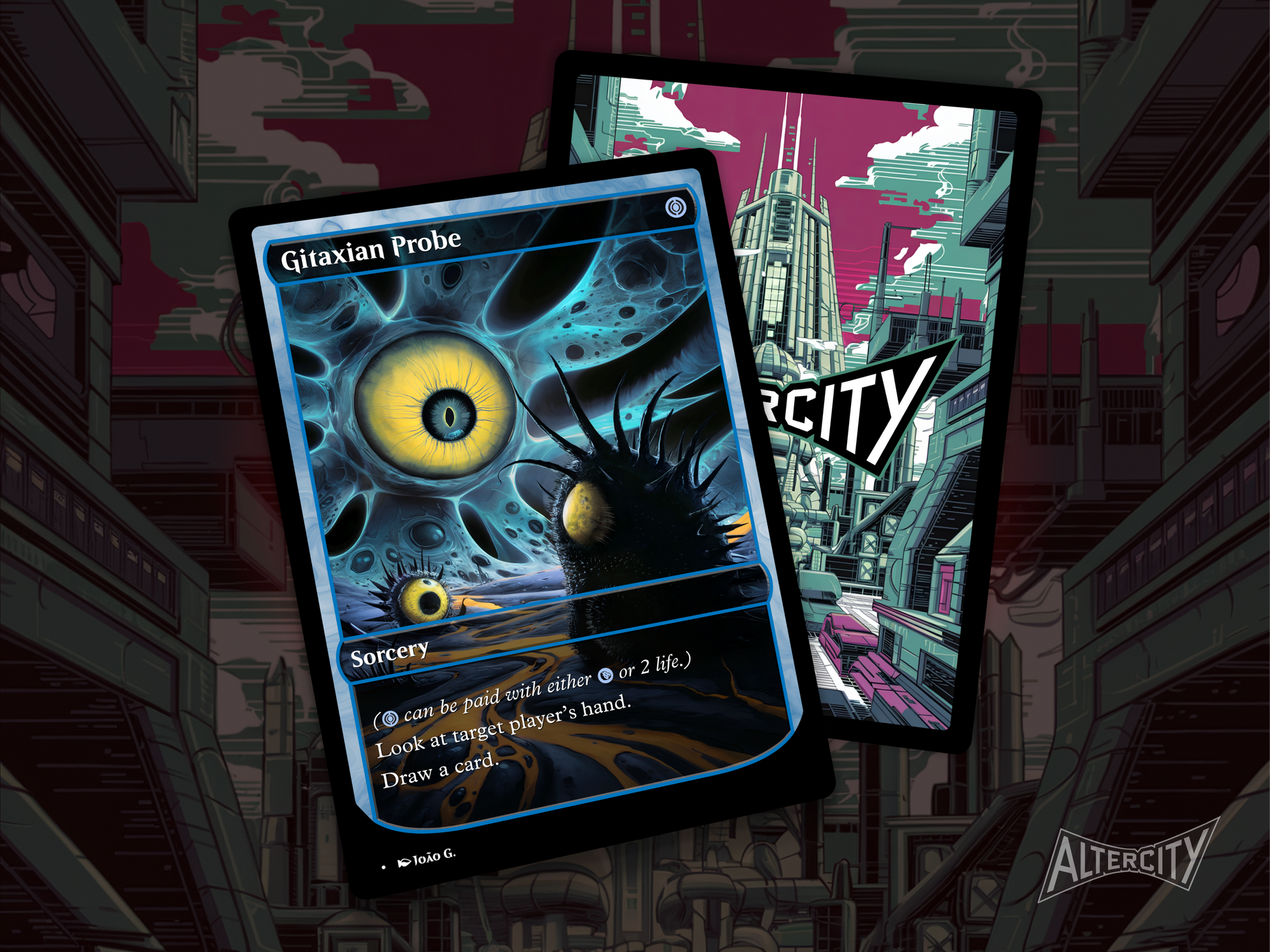 High-quality Magic proxy of Gitaxian Probe featuring eerie altered artwork and free spell synergy.