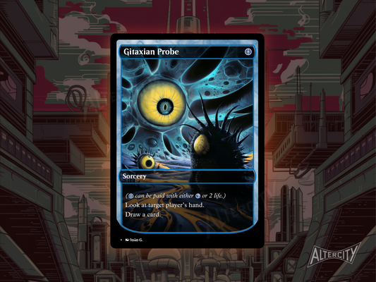 Custom Gitaxian Probe MTG proxy with Phyrexian full-art design and card draw effect.