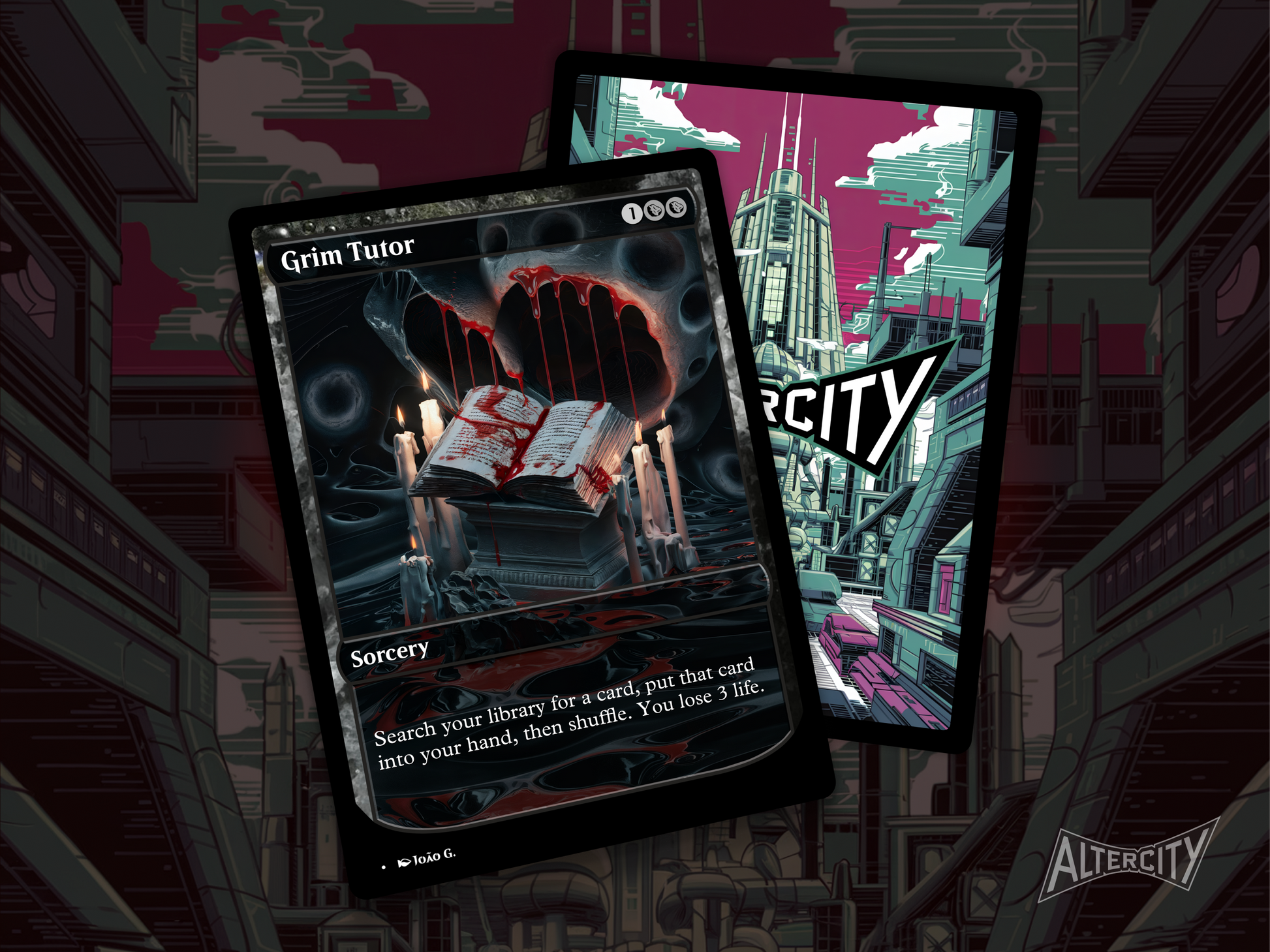 Premium Magic proxy of Grim Tutor featuring mystical altered artwork and search ability.
