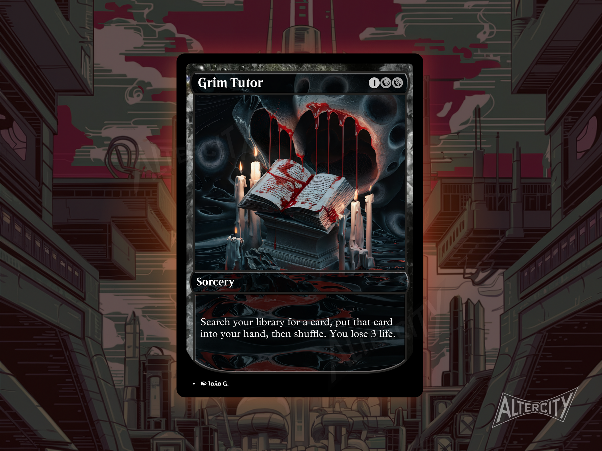Custom Grim Tutor MTG proxy with dark full-art design for powerful black tutor effect.