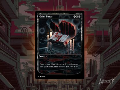 Custom Grim Tutor MTG proxy with dark full-art design for powerful black tutor effect.