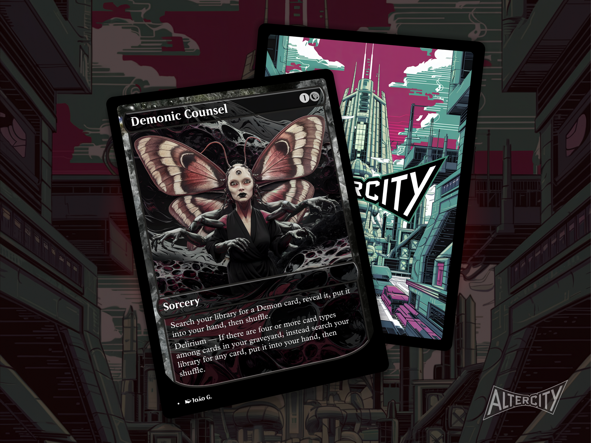 Premium Magic proxy of Demonic Counsel featuring dark altered artwork and powerful search ability.