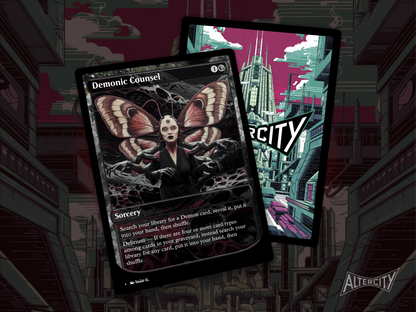 Premium Magic proxy of Demonic Counsel featuring dark altered artwork and powerful search ability.