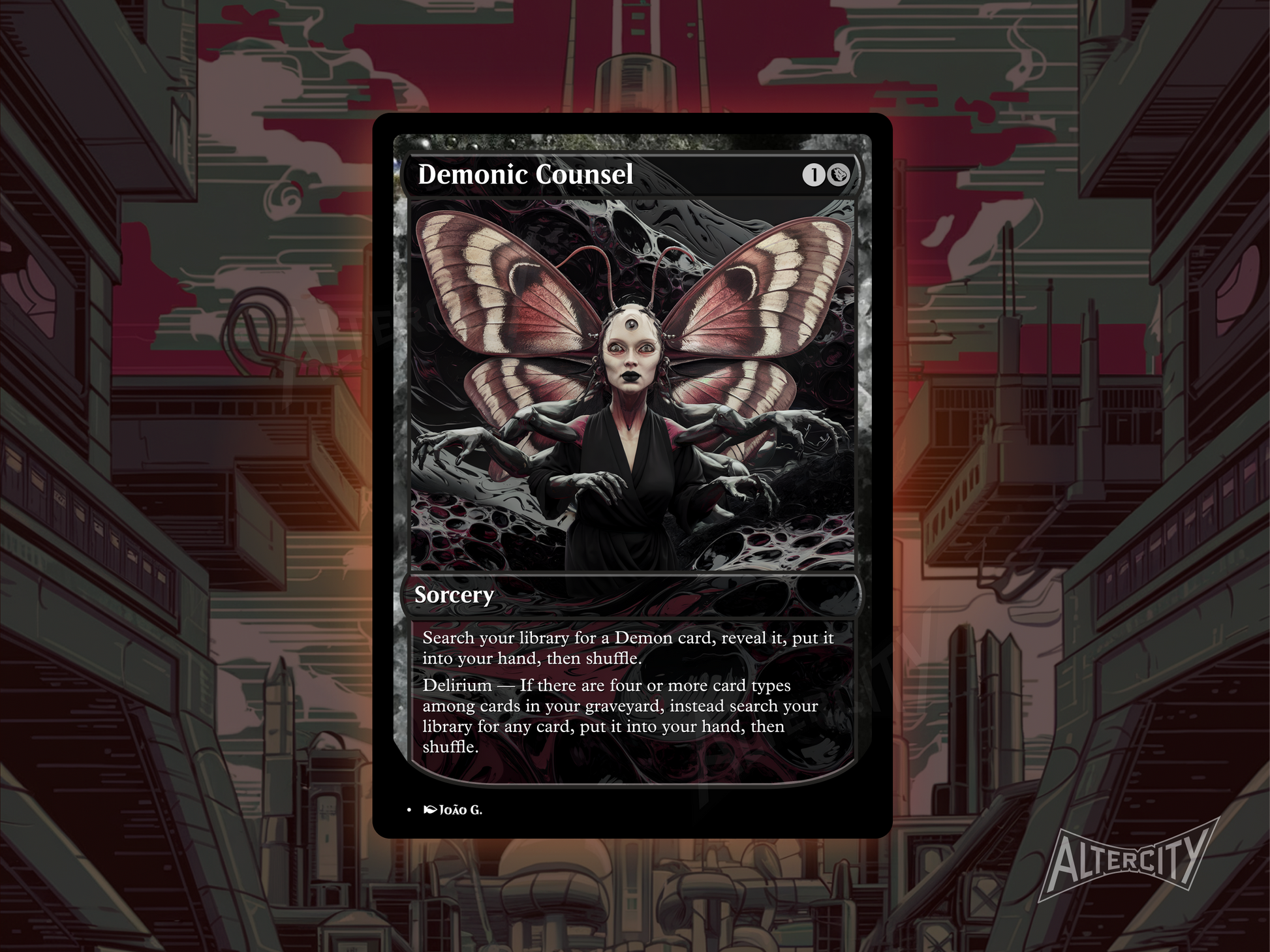 Custom Demonic Counsel MTG proxy with shadowy full-art design for black tutor strategies.