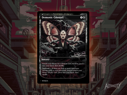 Custom Demonic Counsel MTG proxy with shadowy full-art design for black tutor strategies.
