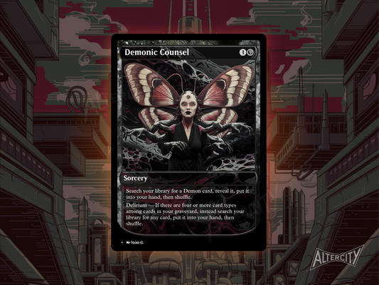Custom Demonic Counsel MTG proxy with shadowy full-art design for black tutor strategies.
