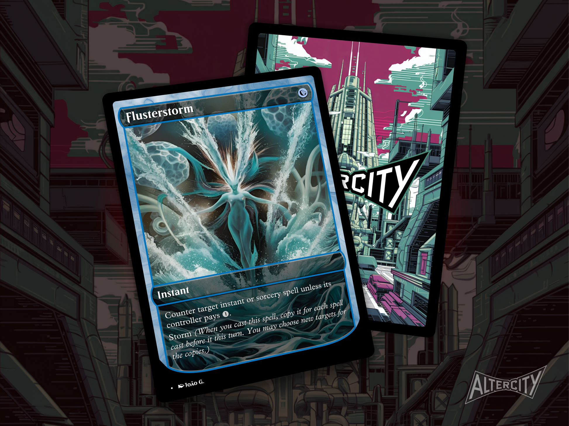High-quality Magic proxy of Flusterstorm featuring stormy altered artwork and blue spell defense.