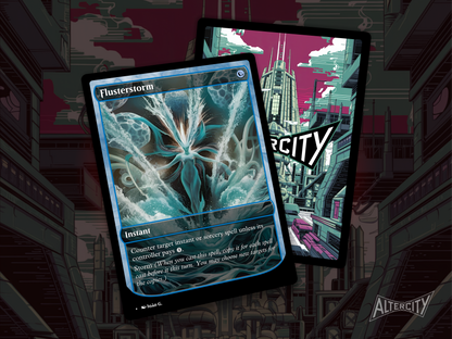 High-quality Magic proxy of Flusterstorm featuring stormy altered artwork and blue spell defense.
