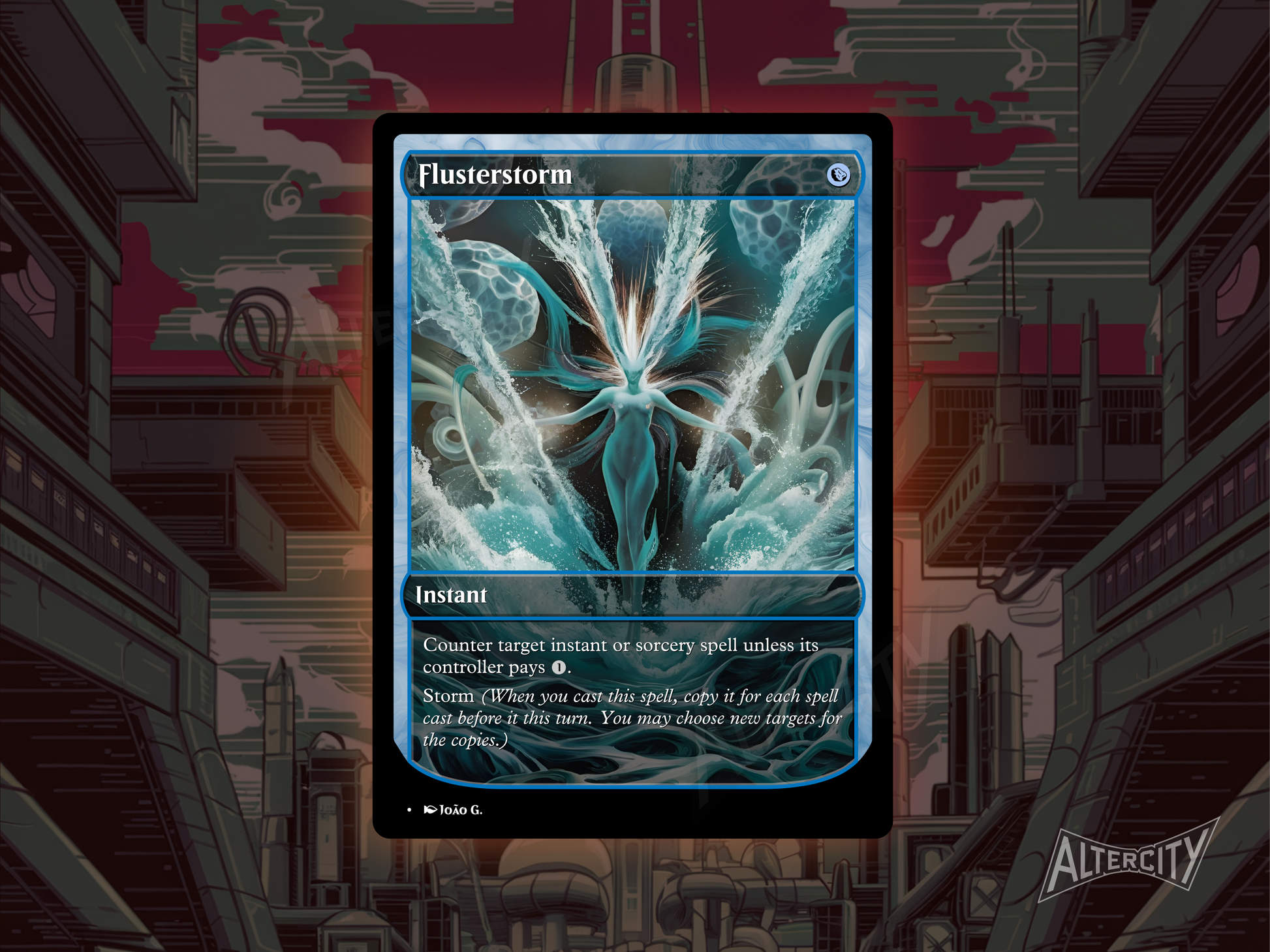 Custom Flusterstorm MTG proxy with lightning-infused full-art design for counterspell control.